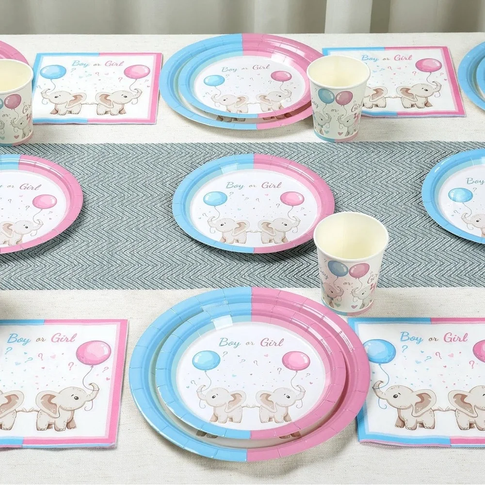 Baby Gender Decoration Kit 96 Pieces, Pink and Blue Plates Set, Boy or Girl Cups